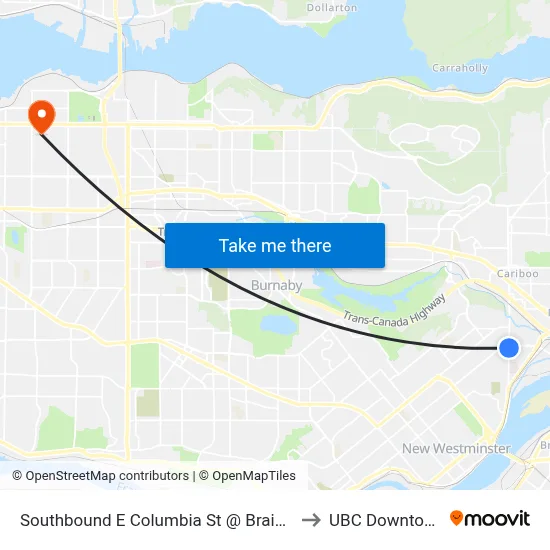 Southbound E Columbia St @ Braid St to UBC Downtown map