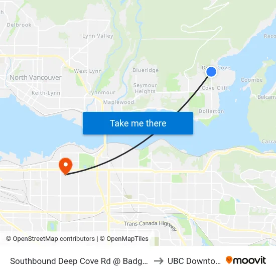 Southbound Deep Cove Rd @ Badger Rd to UBC Downtown map