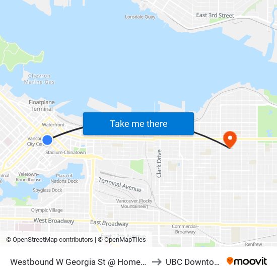 Westbound W Georgia St @ Homer St to UBC Downtown map