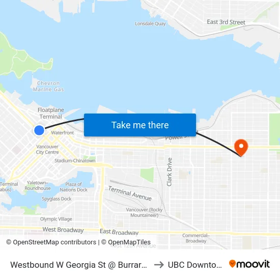 Westbound W Georgia St @ Burrard St to UBC Downtown map