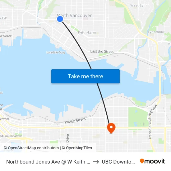 Northbound Jones Ave @ W Keith Rd to UBC Downtown map