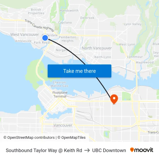 Southbound Taylor Way @ Keith Rd to UBC Downtown map