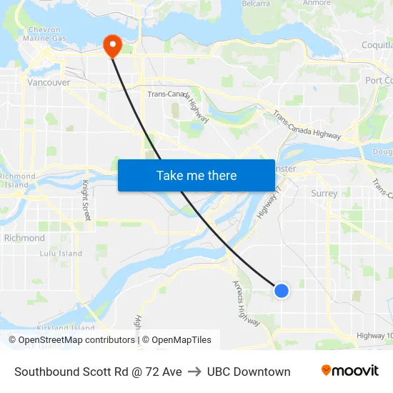 Southbound Scott Rd @ 72 Ave to UBC Downtown map