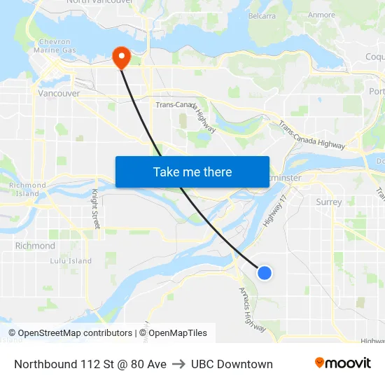 Northbound 112 St @ 80 Ave to UBC Downtown map