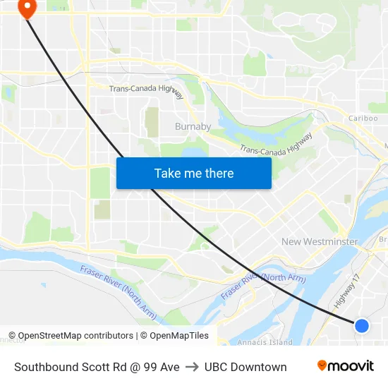 Southbound Scott Rd @ 99 Ave to UBC Downtown map