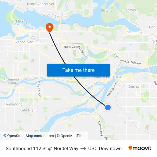 Southbound 112 St @ Nordel Way to UBC Downtown map
