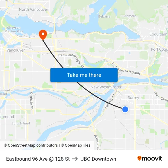 Eastbound 96 Ave @ 128 St to UBC Downtown map