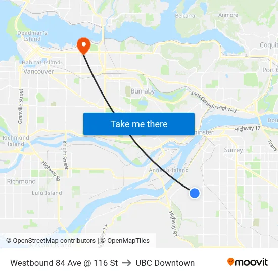 Westbound 84 Ave @ 116 St to UBC Downtown map