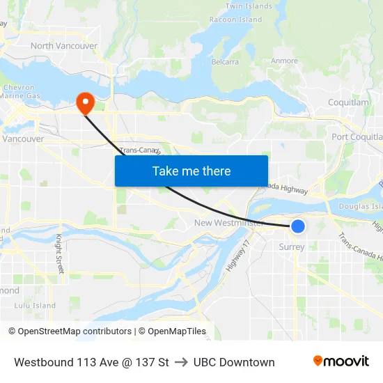 Westbound 113 Ave @ 137 St to UBC Downtown map