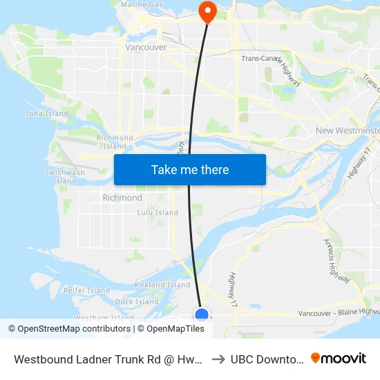 Westbound Ladner Trunk Rd @ Hwy 17a to UBC Downtown map