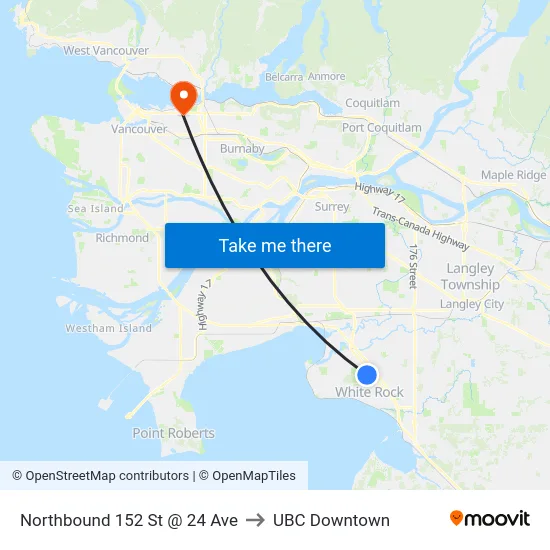 Northbound 152 St @ 24 Ave to UBC Downtown map