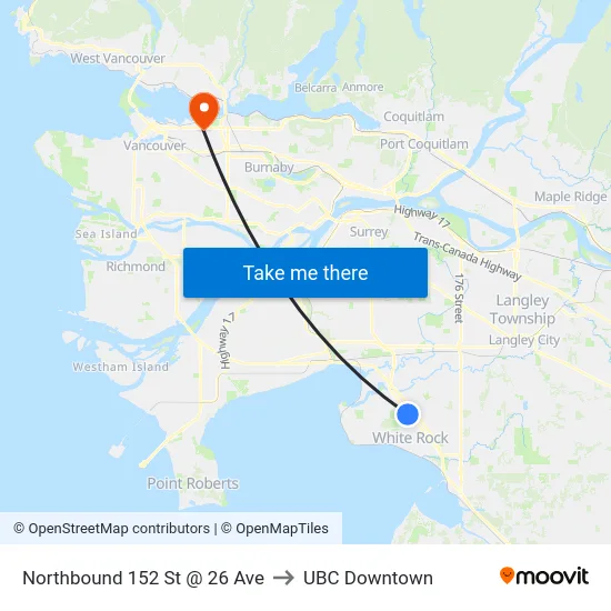 Northbound 152 St @ 26 Ave to UBC Downtown map