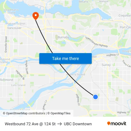 Westbound 72 Ave @ 124 St to UBC Downtown map