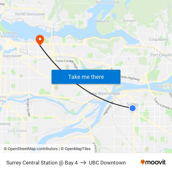 Surrey Central Station @ Bay 4 to UBC Downtown map