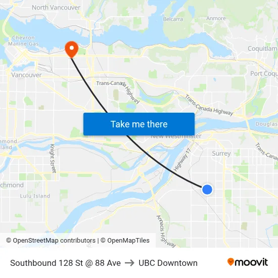 Southbound 128 St @ 88 Ave to UBC Downtown map