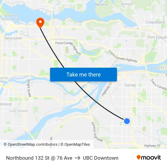 Northbound 132 St @ 76 Ave to UBC Downtown map