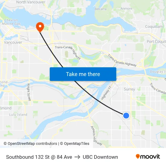 Southbound 132 St @ 84 Ave to UBC Downtown map
