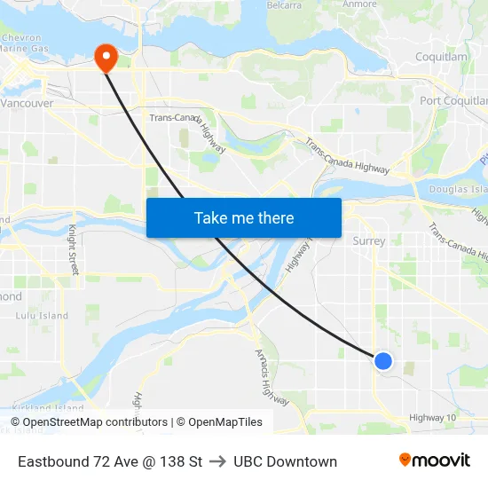 Eastbound 72 Ave @ 138 St to UBC Downtown map