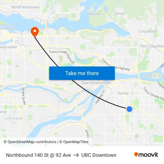 Northbound 140 St @ 92 Ave to UBC Downtown map