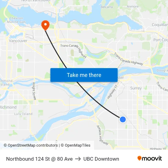 Northbound 124 St @ 80 Ave to UBC Downtown map