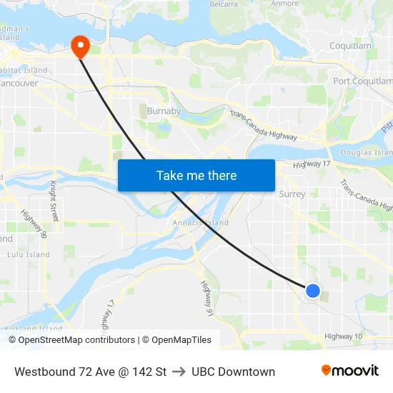Westbound 72 Ave @ 142 St to UBC Downtown map