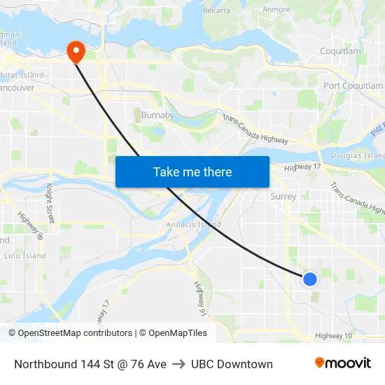 Northbound 144 St @ 76 Ave to UBC Downtown map