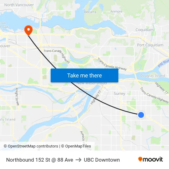 Northbound 152 St @ 88 Ave to UBC Downtown map