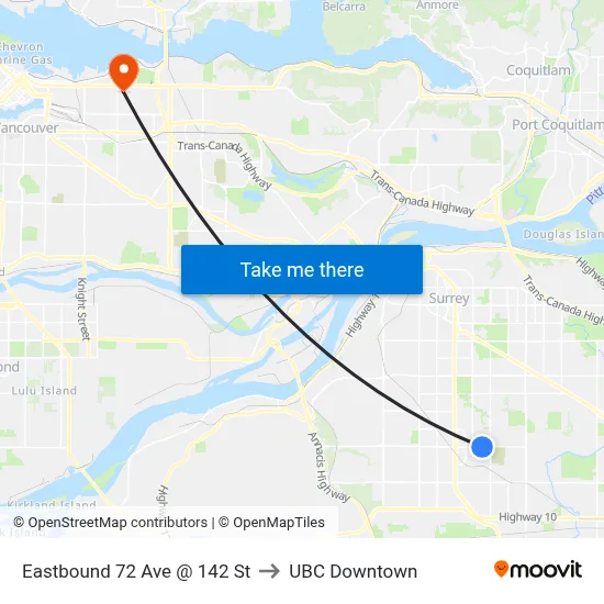 Eastbound 72 Ave @ 142 St to UBC Downtown map