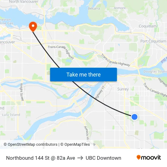Northbound 144 St @ 82a Ave to UBC Downtown map