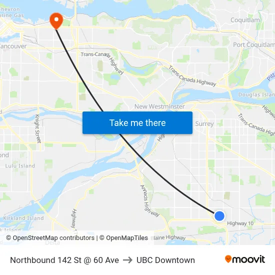 Northbound 142 St @ 60 Ave to UBC Downtown map
