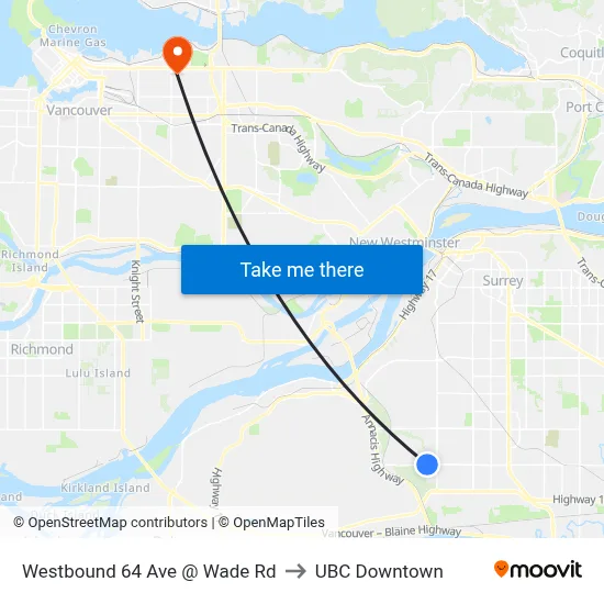 Westbound 64 Ave @ Wade Rd to UBC Downtown map