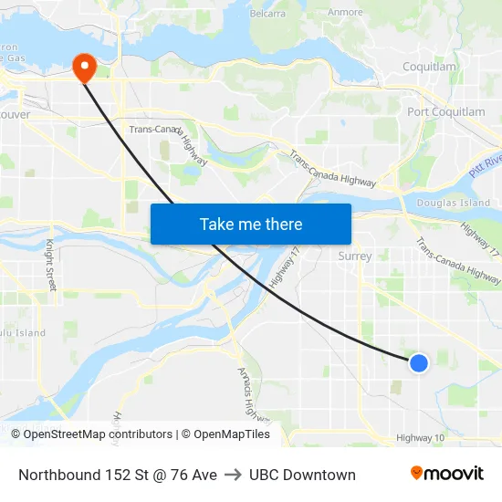 Northbound 152 St @ 76 Ave to UBC Downtown map
