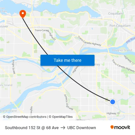 Southbound 152 St @ 68 Ave to UBC Downtown map