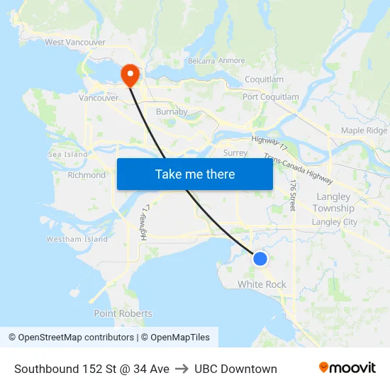 Southbound 152 St @ 34 Ave to UBC Downtown map