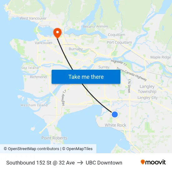 Southbound 152 St @ 32 Ave to UBC Downtown map
