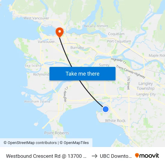 Westbound Crescent Rd @ 13700 Block to UBC Downtown map