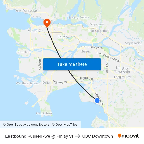 Eastbound Russell Ave @ Finlay St to UBC Downtown map