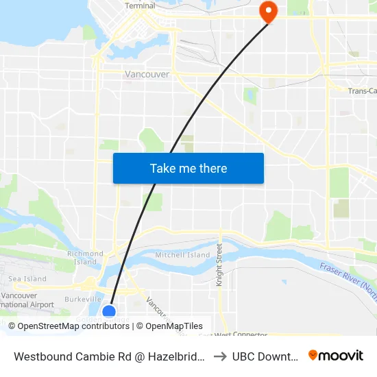 Westbound Cambie Rd @ Hazelbridge Way to UBC Downtown map