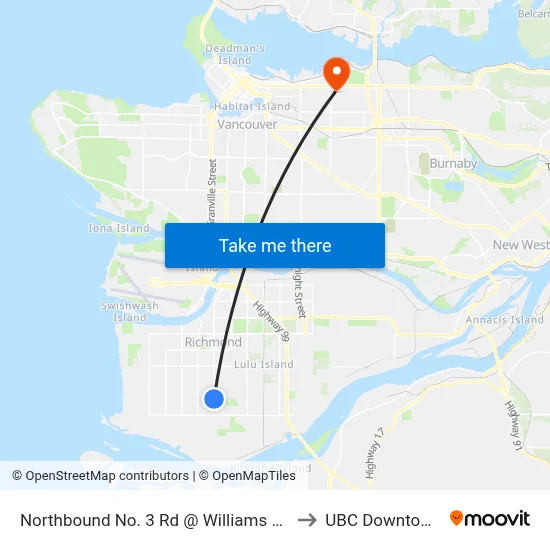 Northbound No. 3 Rd @ Williams Rd to UBC Downtown map