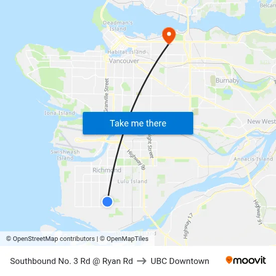 Southbound No. 3 Rd @ Ryan Rd to UBC Downtown map