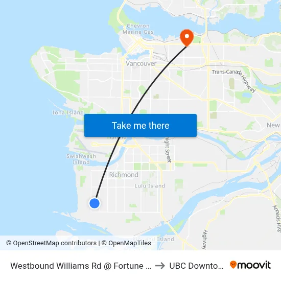 Westbound Williams Rd @ Fortune Ave to UBC Downtown map
