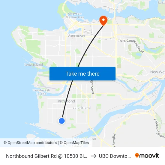 Northbound Gilbert Rd @ 10500 Block to UBC Downtown map
