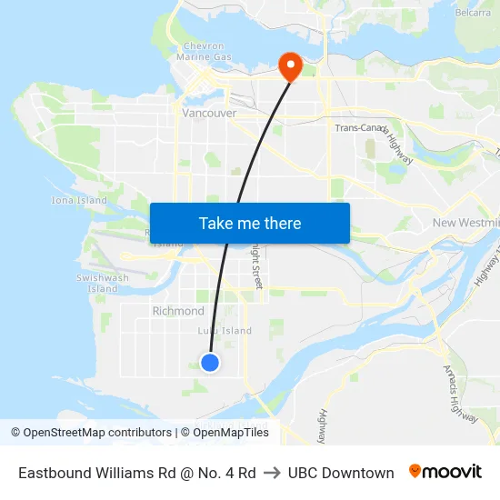 Eastbound Williams Rd @ No. 4 Rd to UBC Downtown map