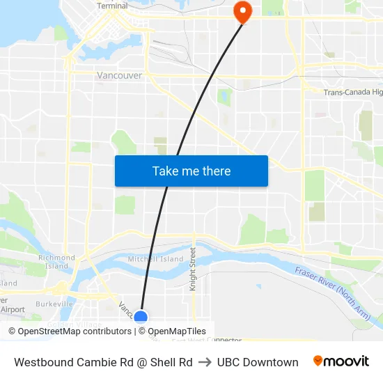 Westbound Cambie Rd @ Shell Rd to UBC Downtown map