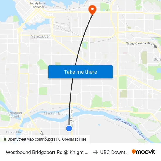 Westbound Bridgeport Rd @ Knight St Bridge to UBC Downtown map