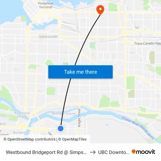 Westbound Bridgeport Rd @ Simpson Rd to UBC Downtown map