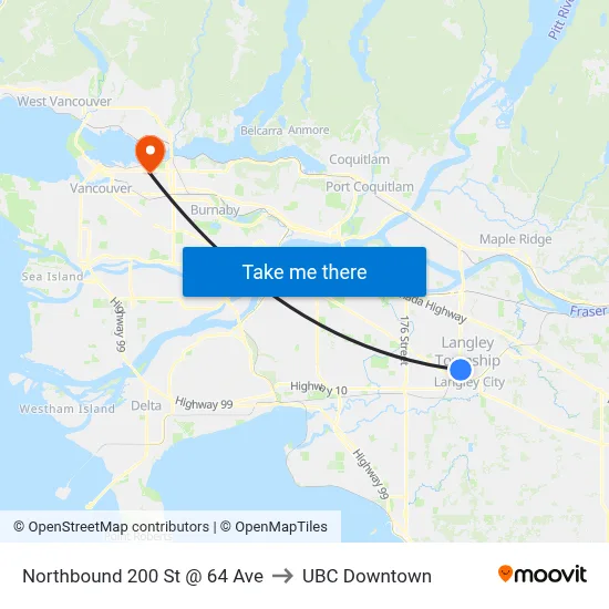 Northbound 200 St @ 64 Ave to UBC Downtown map