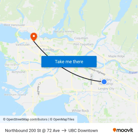 Northbound 200 St @ 72 Ave to UBC Downtown map