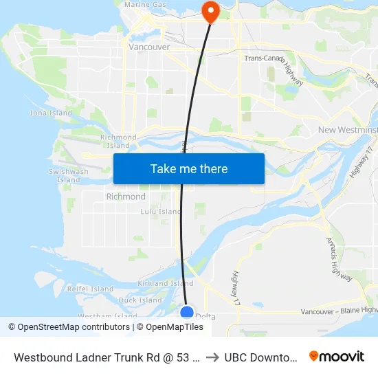 Westbound Ladner Trunk Rd @ 53 St to UBC Downtown map