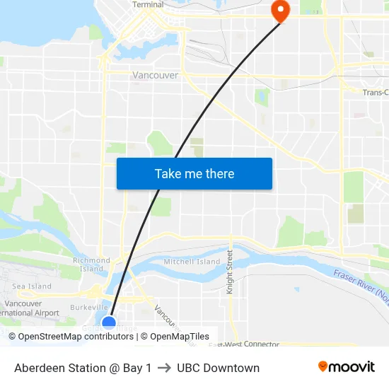 Aberdeen Station @ Bay 1 to UBC Downtown map